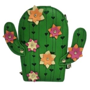 Betsey Johnson Kitsch XO DESERT Cactus 3D Studded Flower Movable Arms Embroidered Heart Green Textured Faux Leather Samll Crossbody Handbag
