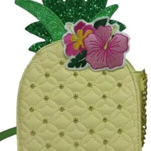 Betsey Johnson XO PRICKL Tropical Pineapple Quilted Studded 3D Embroidered Flower Glitter Detailed Yellow Faux Leather Small Crossbody Handbag