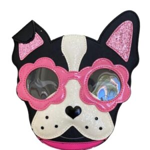 Betsey Johnson XO PUP Kitsch Puppy Dog With Sunglasses Pink Glitter Ears White Glitter Face & Snout With Black Heart Nose & Metal Gold Tone XOXO BETSEY Heart Dog Tag Crossbody Handbag